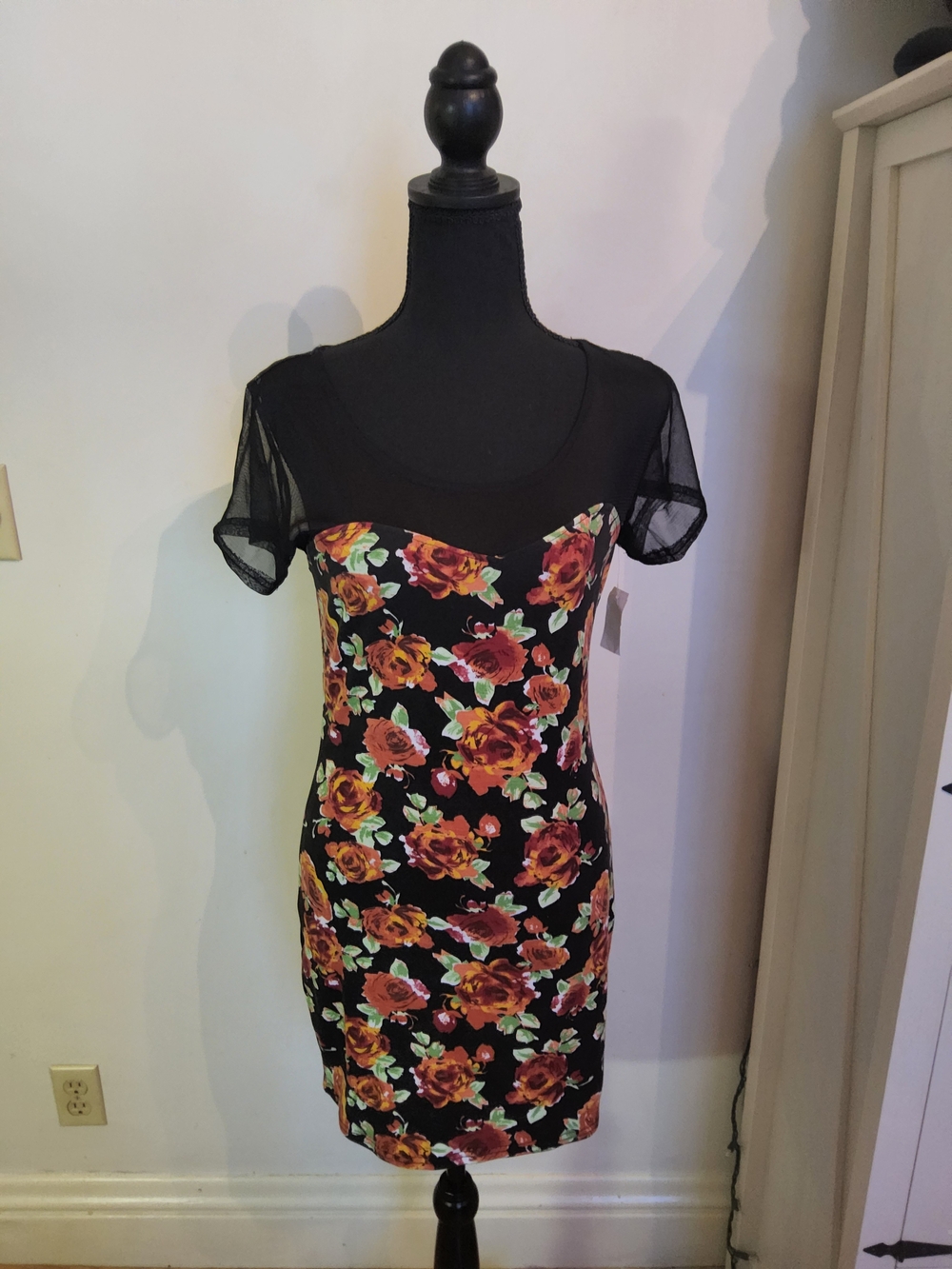 Streetwear Society NWT Black Mini Dress with Orange Rose Print